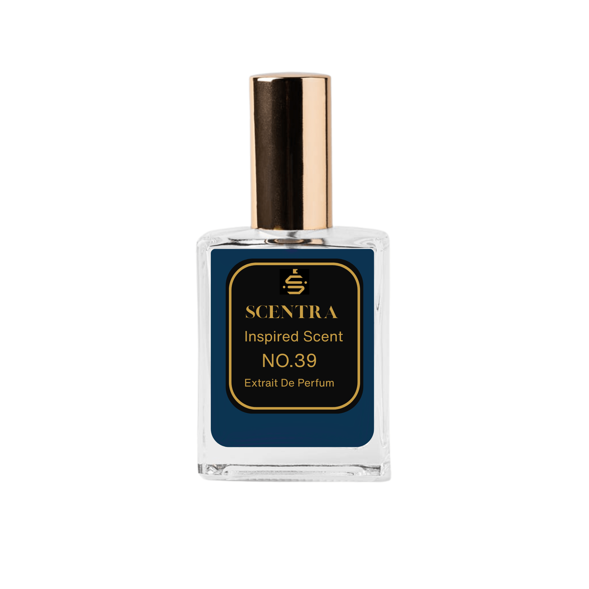 Scentra No.39 Aromatic Aquatic Extrait de Parfum glass bottle with gold cap and elegant black label.