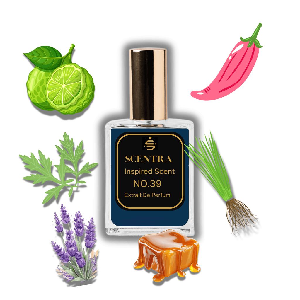 Scentra No.39 perfume bottle surrounded by illustrated scent notes of a melting caramel square, fresh bergamot, and a pink pepper pod.