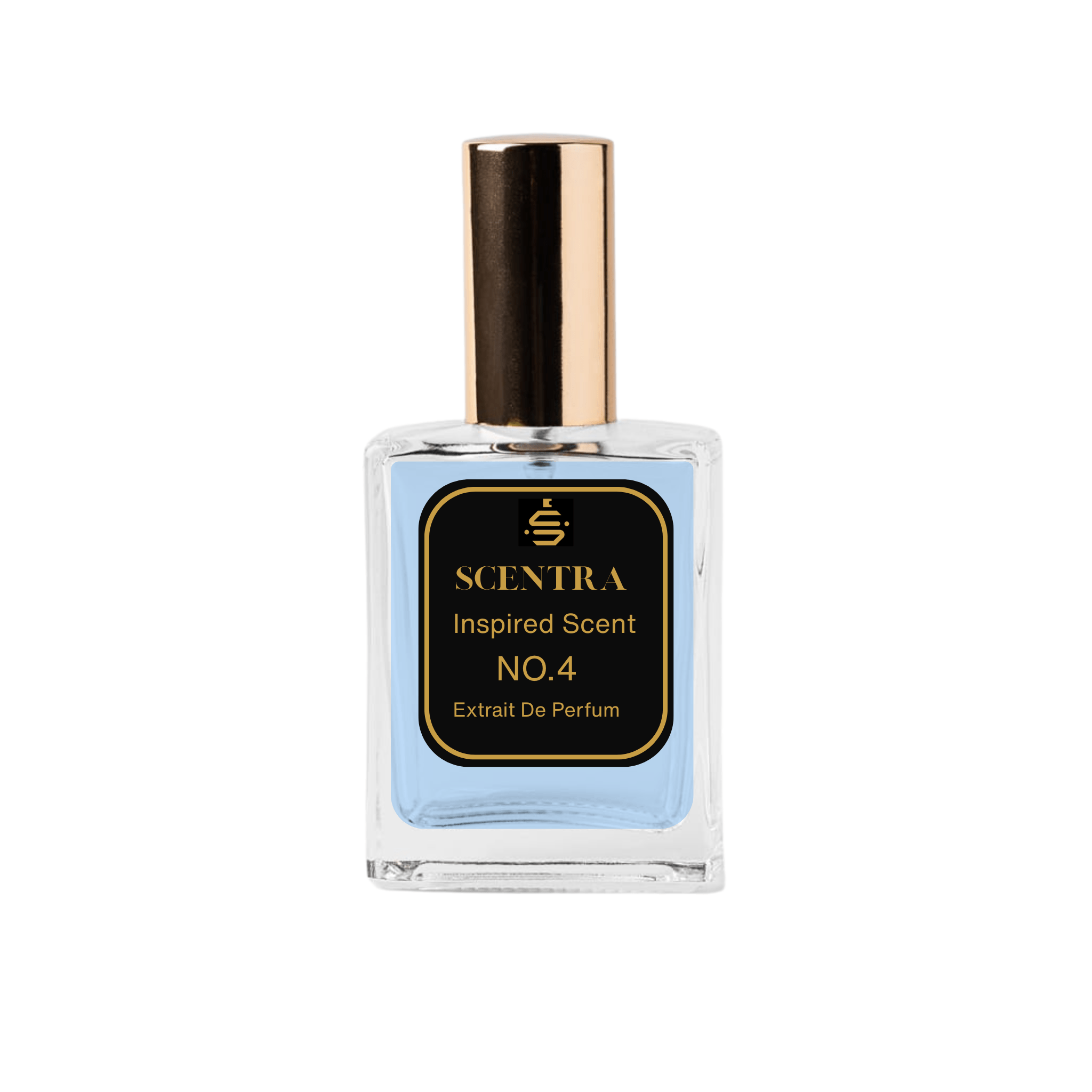 Scentra No.4 Aromatic Fougère Extrait de Parfum glass bottle with gold cap and elegant black label.