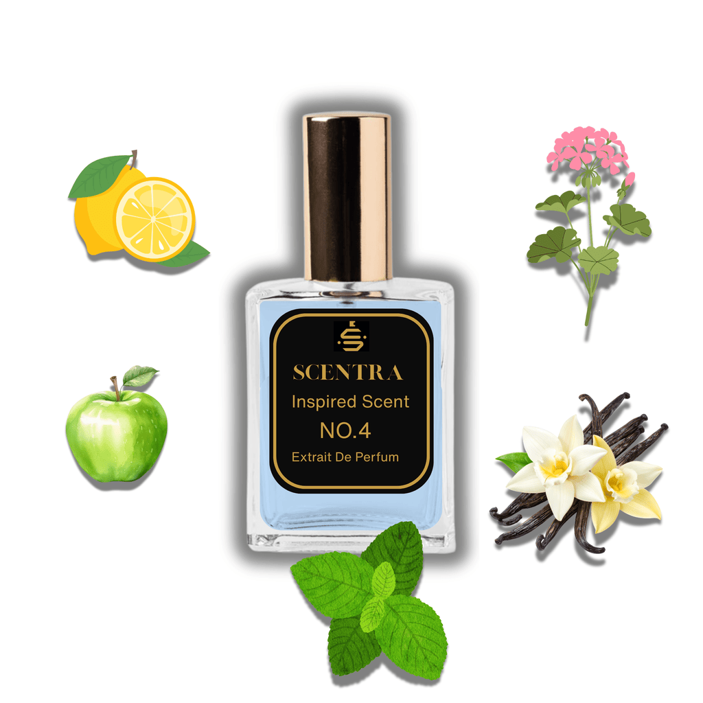 Scentra No.4 perfume inspired by Versace Eros surrounded by illustrated scent notes of a green apple, fresh lemon, and mint leaves.