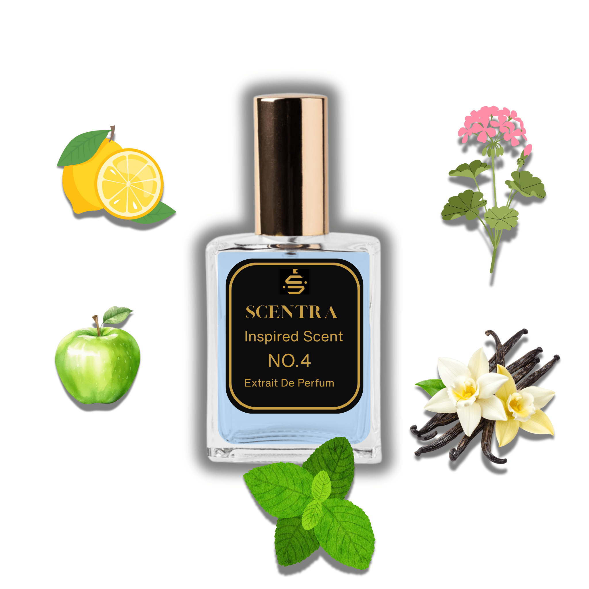 Scentra No.4 perfume inspired by Versace Eros surrounded by illustrated scent notes of a green apple, fresh lemon, and mint leaves.