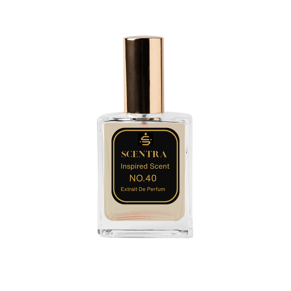 Scentra No.40 Woody Spicy Extrait de Parfum glass bottle with gold cap and elegant black label.