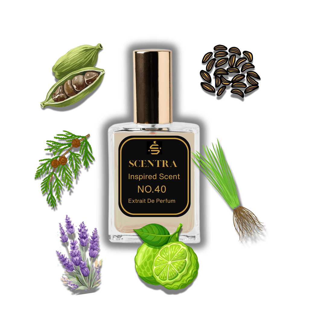 Scentra No.40 perfume bottle surrounded by illustrated scent notes of green cardamom pods, lavender sprigs, and green bergamot.