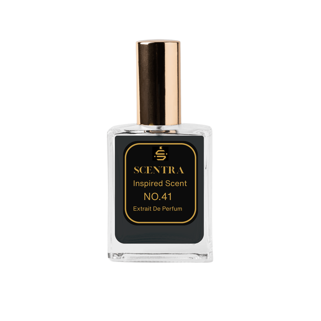 Scentra No.41 Fresh Amber Extrait de Parfum glass bottle with gold cap and sleek dark gray label.