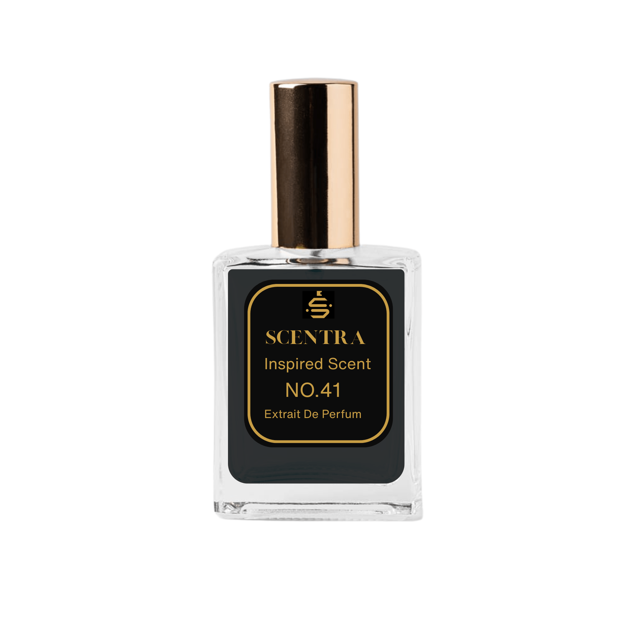 Scentra No.41 Fresh Amber Extrait de Parfum glass bottle with gold cap and sleek dark gray label.