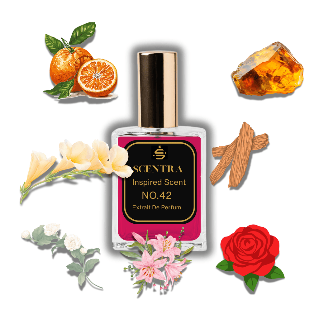 Scentra No.42 perfume bottle surrounded by illustrated scent notes of fresh tangerines, freesia blossoms, a red rose, and lilies.