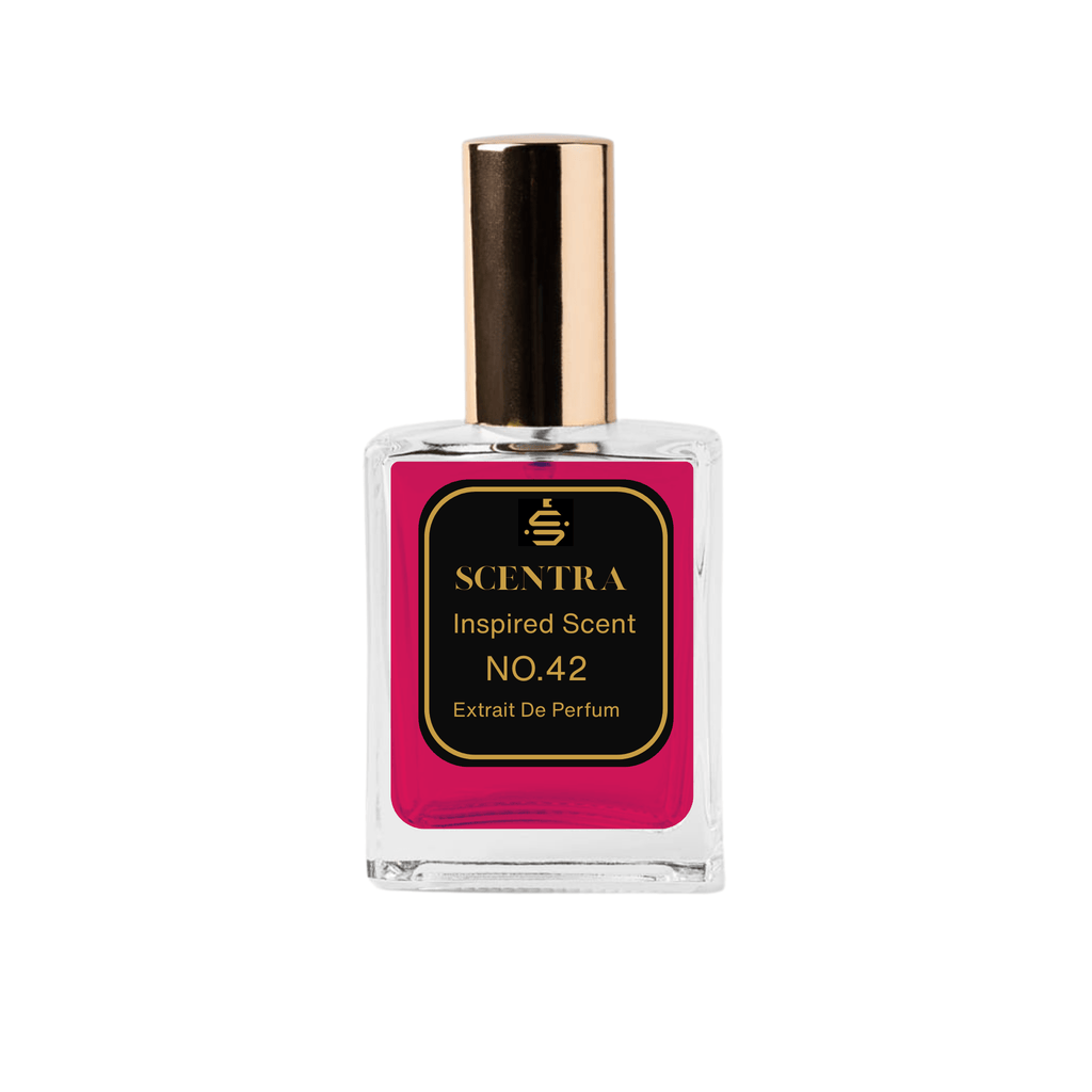 Scentra No.42 Floral Woody Extrait de Parfum glass bottle with gold cap filled with vibrant magenta fragrance oil.