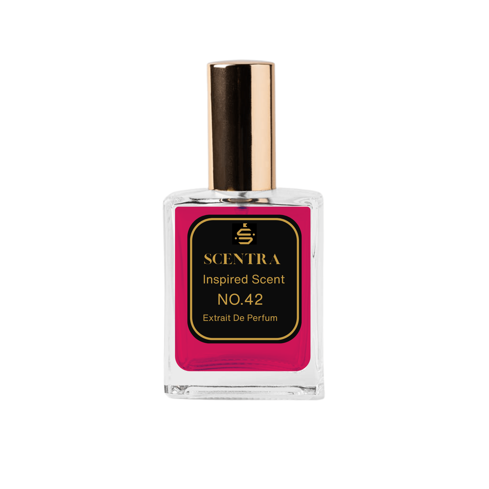 Scentra No.42 Floral Woody Extrait de Parfum glass bottle with gold cap filled with vibrant magenta fragrance oil.
