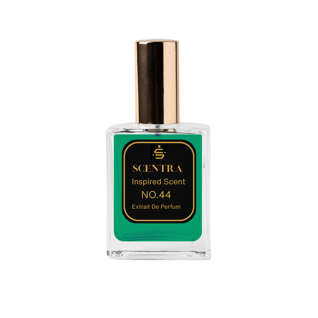 Scentra No.44 Citrus Woody Extrait de Parfum glass bottle with gold cap filled with vibrant green fragrance oil.