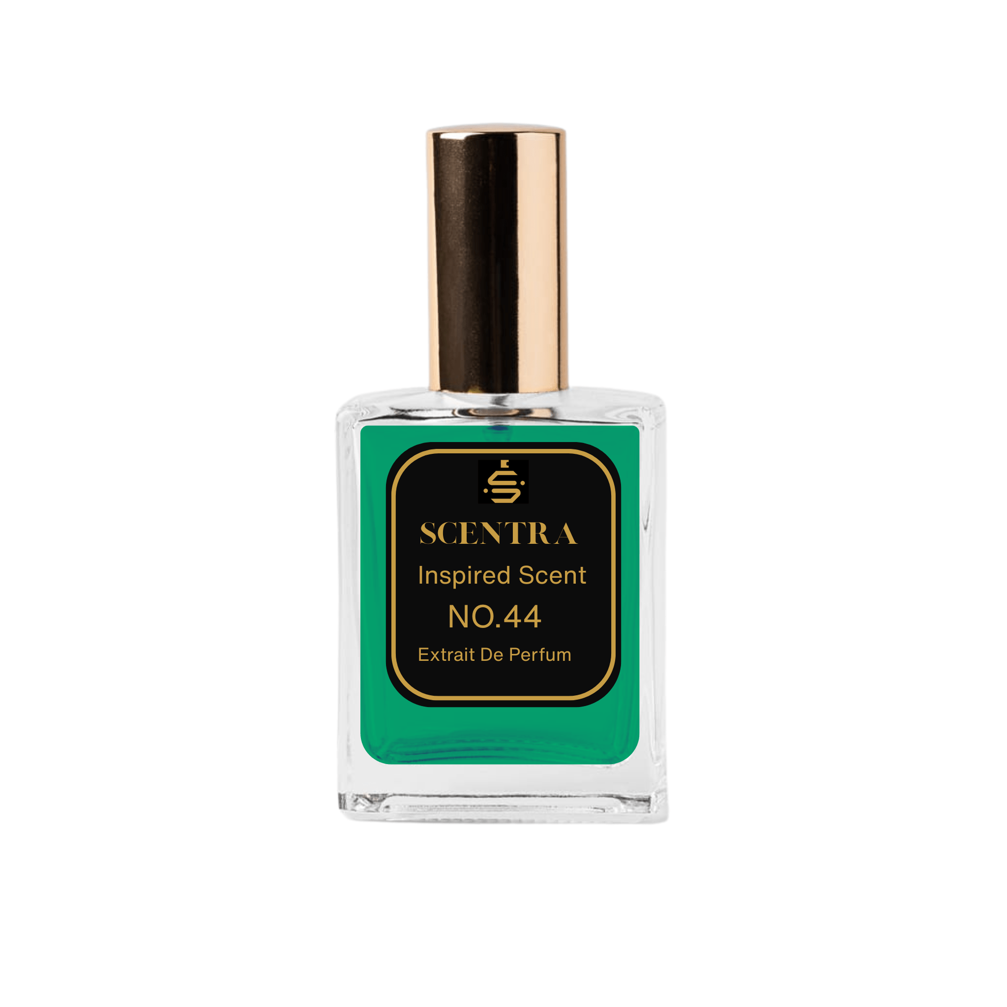 Scentra No.44 Citrus Woody Extrait de Parfum glass bottle with gold cap filled with vibrant green fragrance oil.