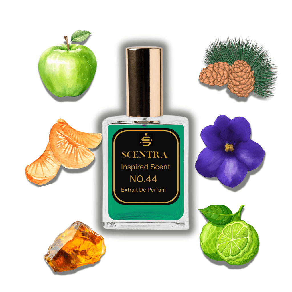 Scentra No.44 perfume bottle surrounded by illustrated scent notes of a crisp green apple, mandarin orange slices, and a violet flower.