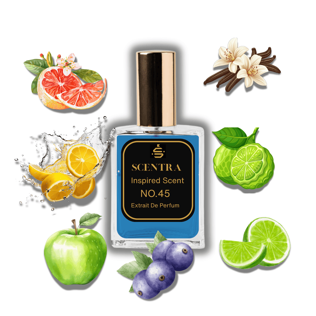 Scentra No.45 perfume bottle surrounded by illustrated scent notes of sliced grapefruit, fresh lemon splash, and a green apple.