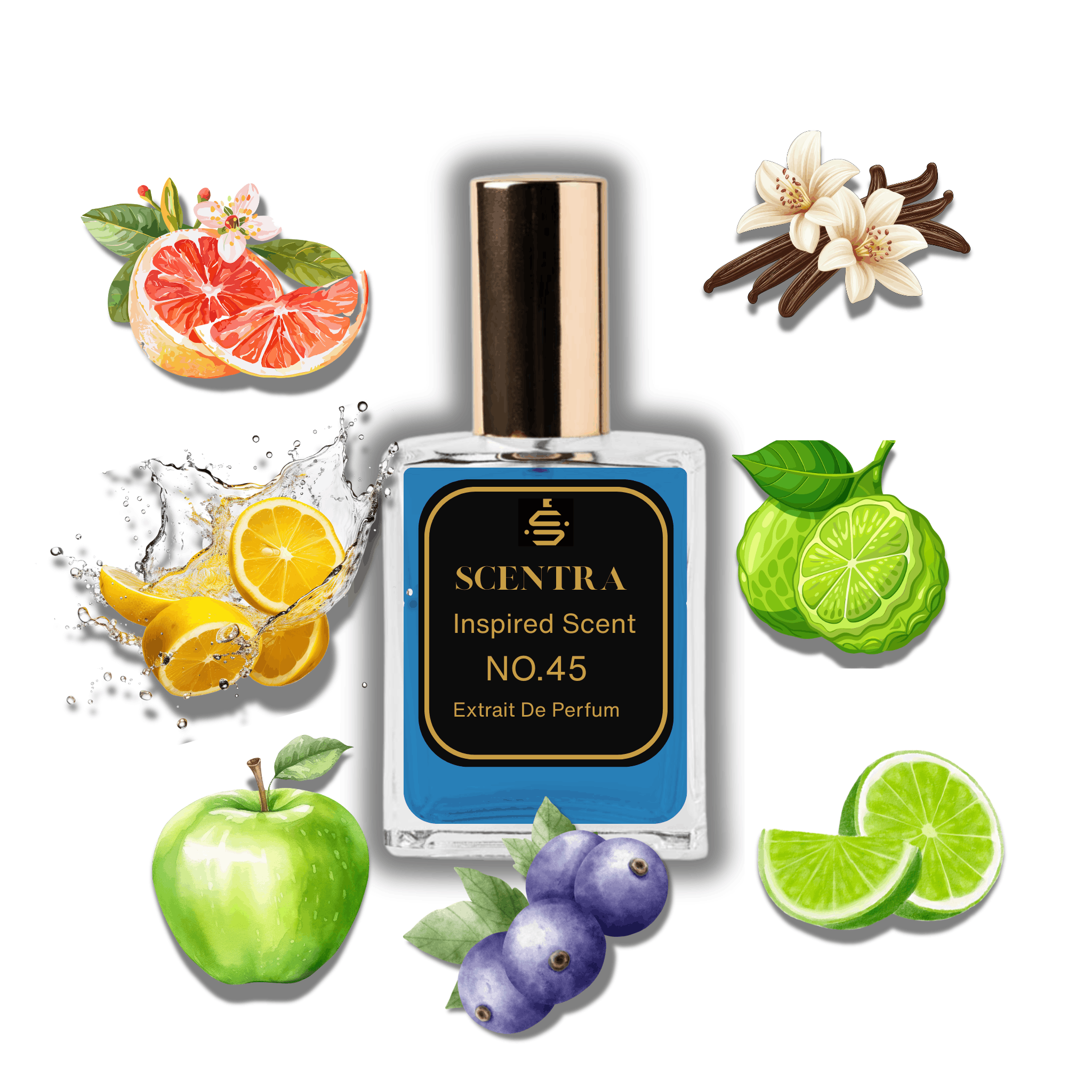 Scentra No.45 perfume bottle surrounded by illustrated scent notes of sliced grapefruit, fresh lemon splash, and a green apple.