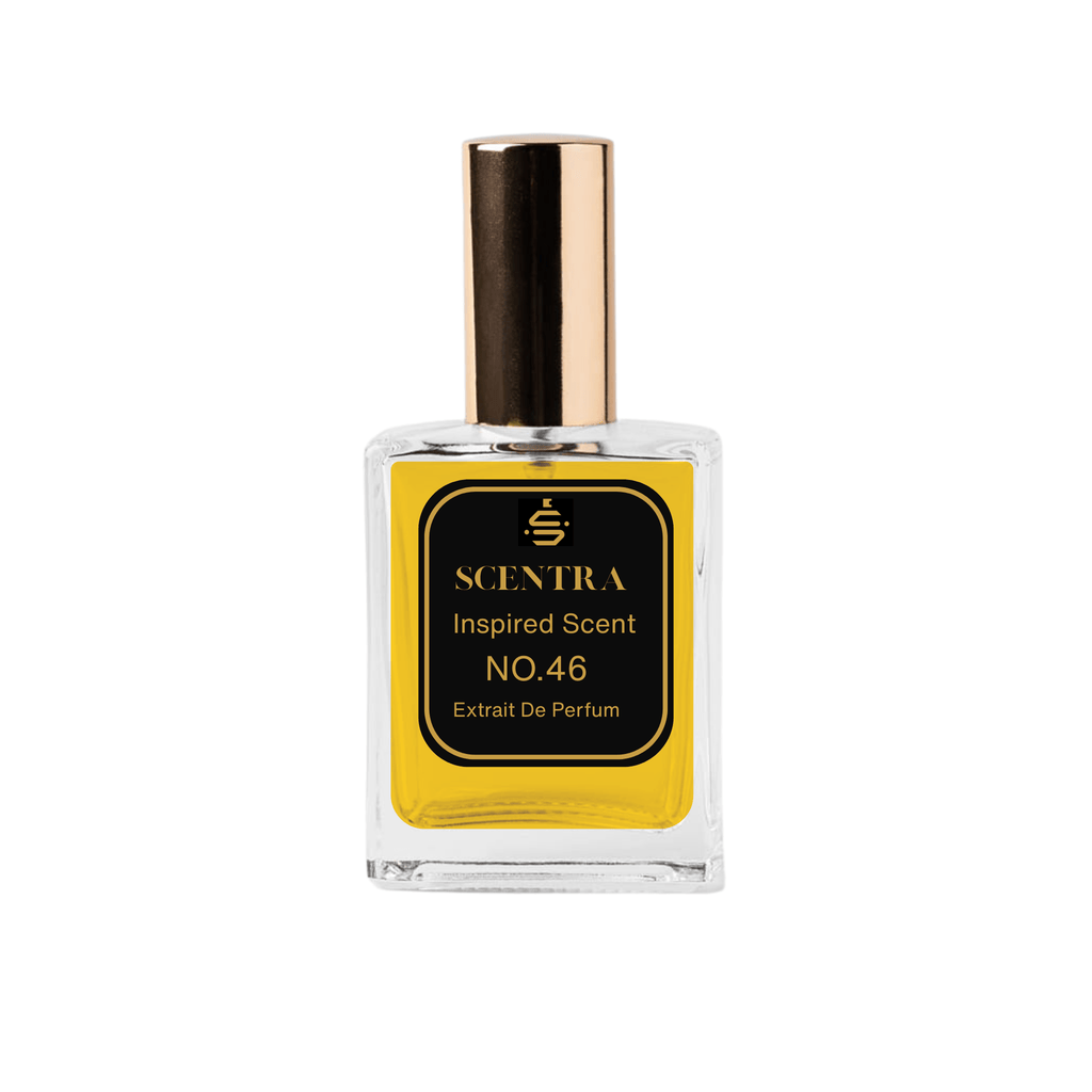 Scentra No.46 Amber Spicy Extrait de Parfum glass bottle with gold cap filled with rich yellow fragrance oil.