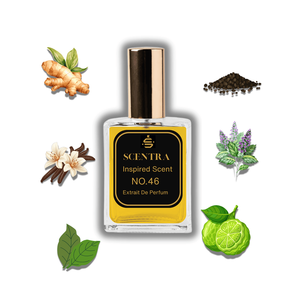 Scentra No.46 perfume bottle surrounded by illustrated scent notes of fresh ginger, vanilla flowers, and green bergamot.