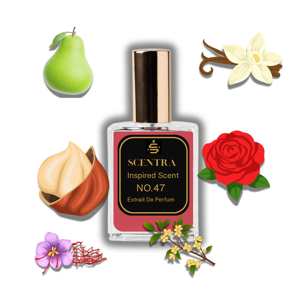 Scentra No.47 fragrance bottle surrounded by illustrated scent notes of a green pear, hazelnuts, a red rose, and vanilla flowers.