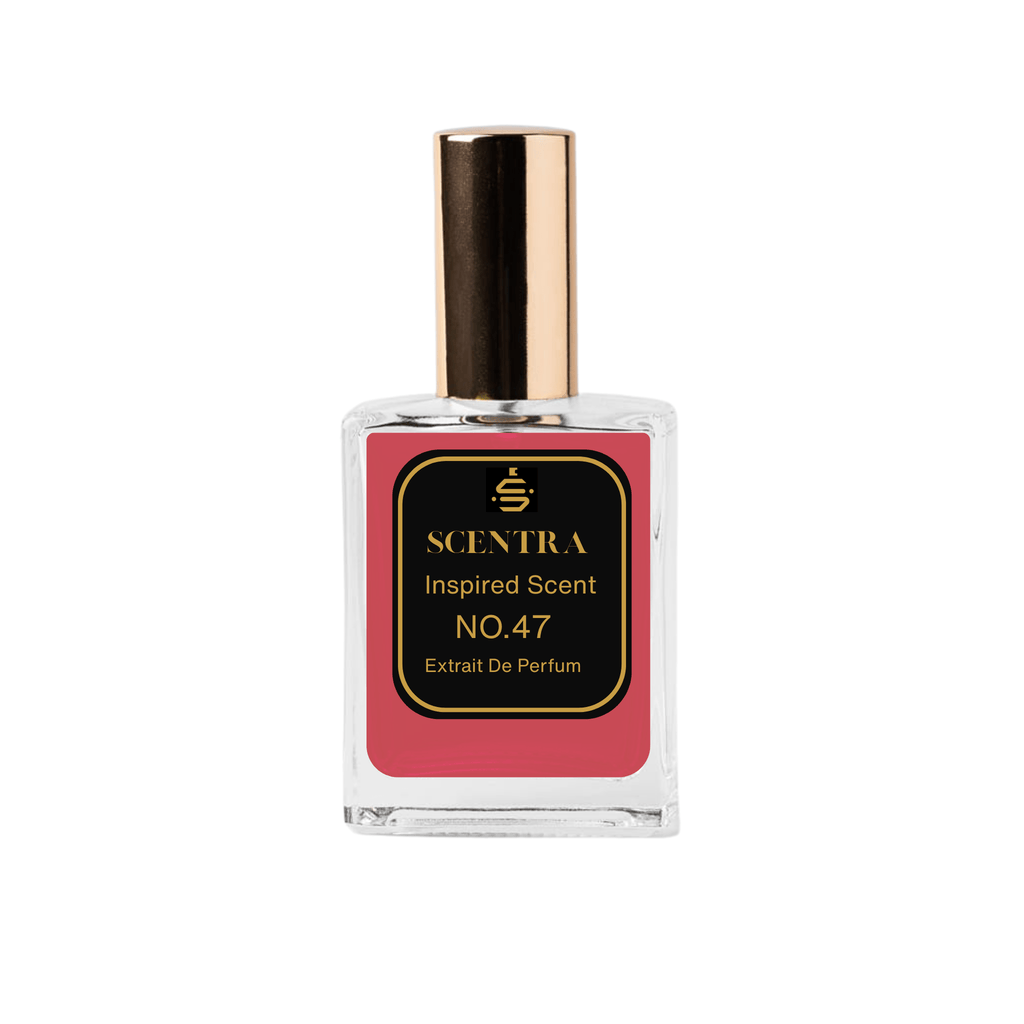 Scentra No.47 Floral Fruity Amber Extrait de Parfum clear glass bottle with gold cap filled with pink fragrance oil.