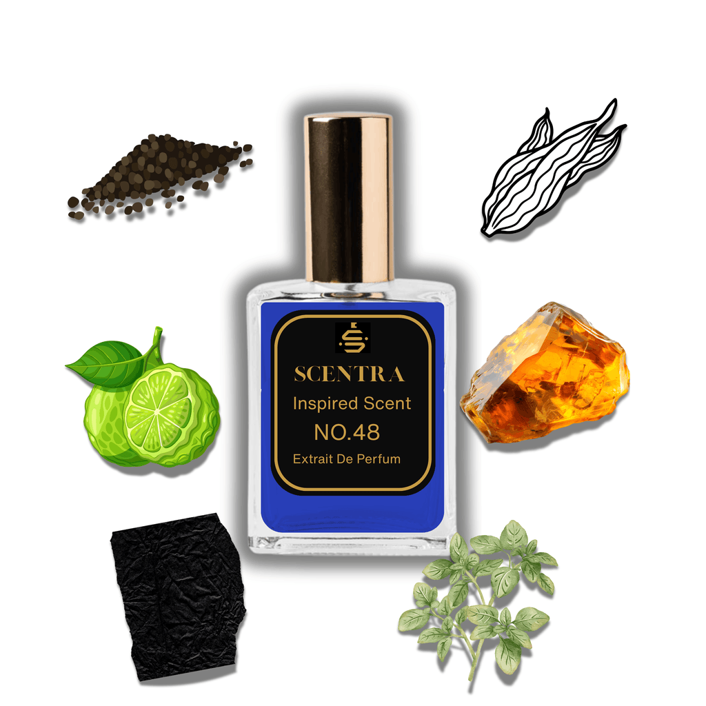Scentra No.48 perfume bottle surrounded by raw fragrance ingredients of incense, oregano, and amber.