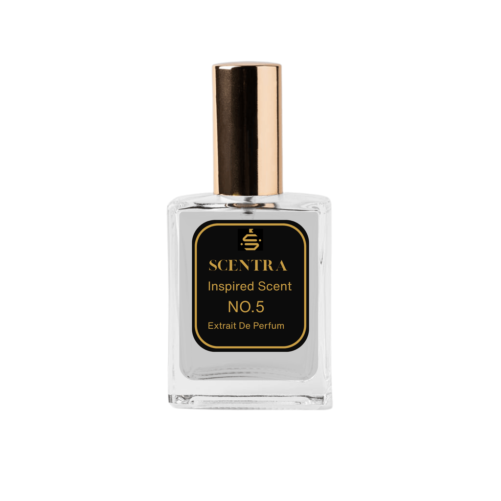 Scentra No.5 Chypre Fruity Extrait de Parfum glass bottle with gold cap and elegant black label.