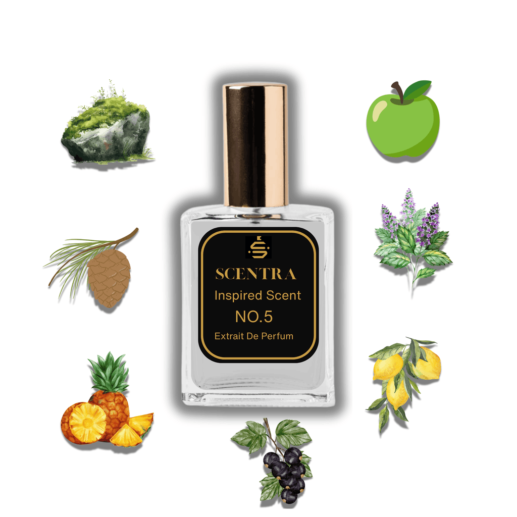 Scentra No.5 perfume inspired by Creed Aventus surrounded by illustrated scent notes of a sliced tropical pineapple, a crisp green apple, and dark black currants.