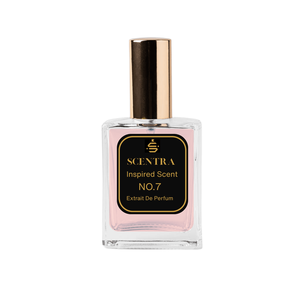 Scentra No.7 Amber Floral Extrait de Parfum glass bottle with gold cap filled with soft pink fragrance oil.