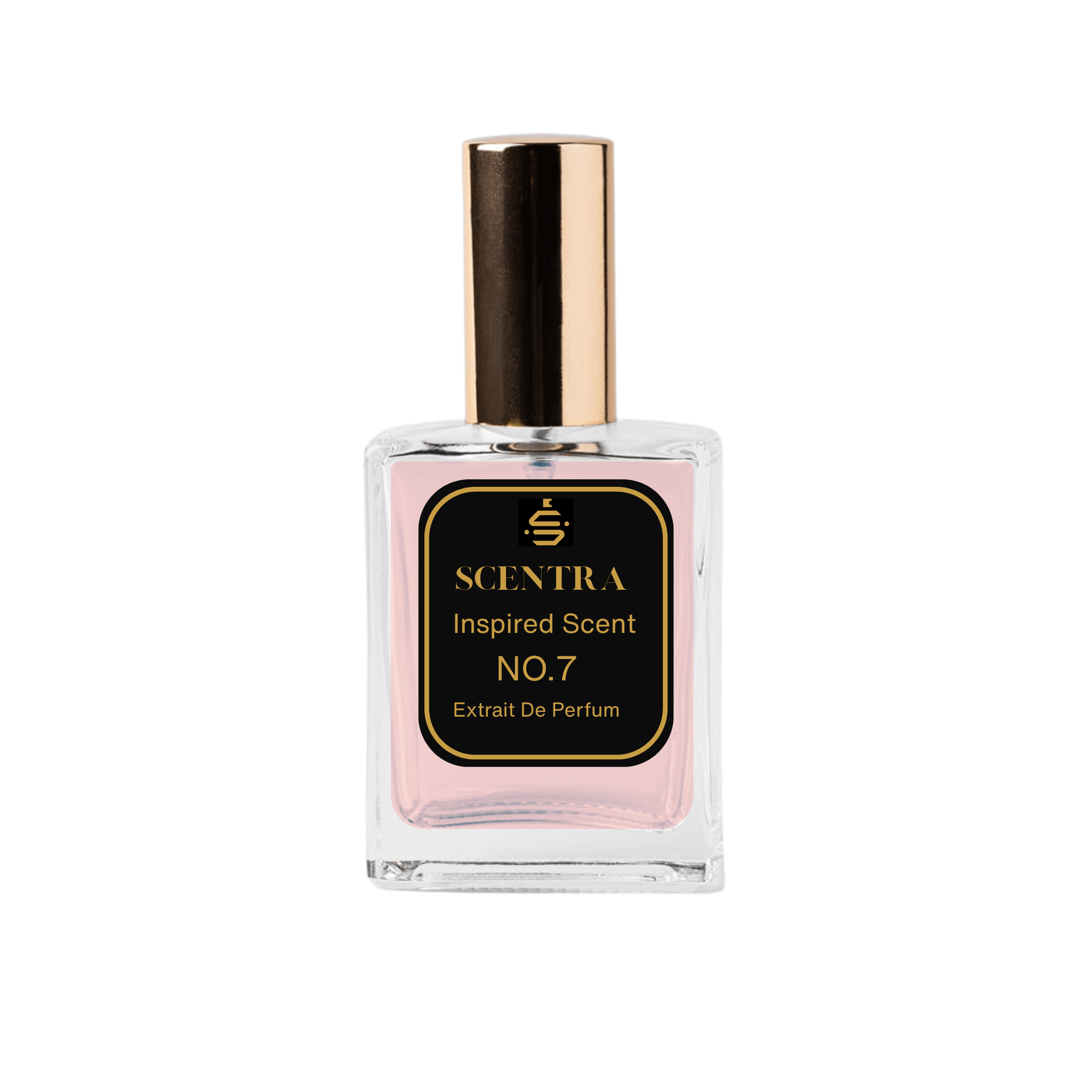 Scentra No.7 Amber Floral Extrait de Parfum glass bottle with gold cap filled with soft pink fragrance oil.