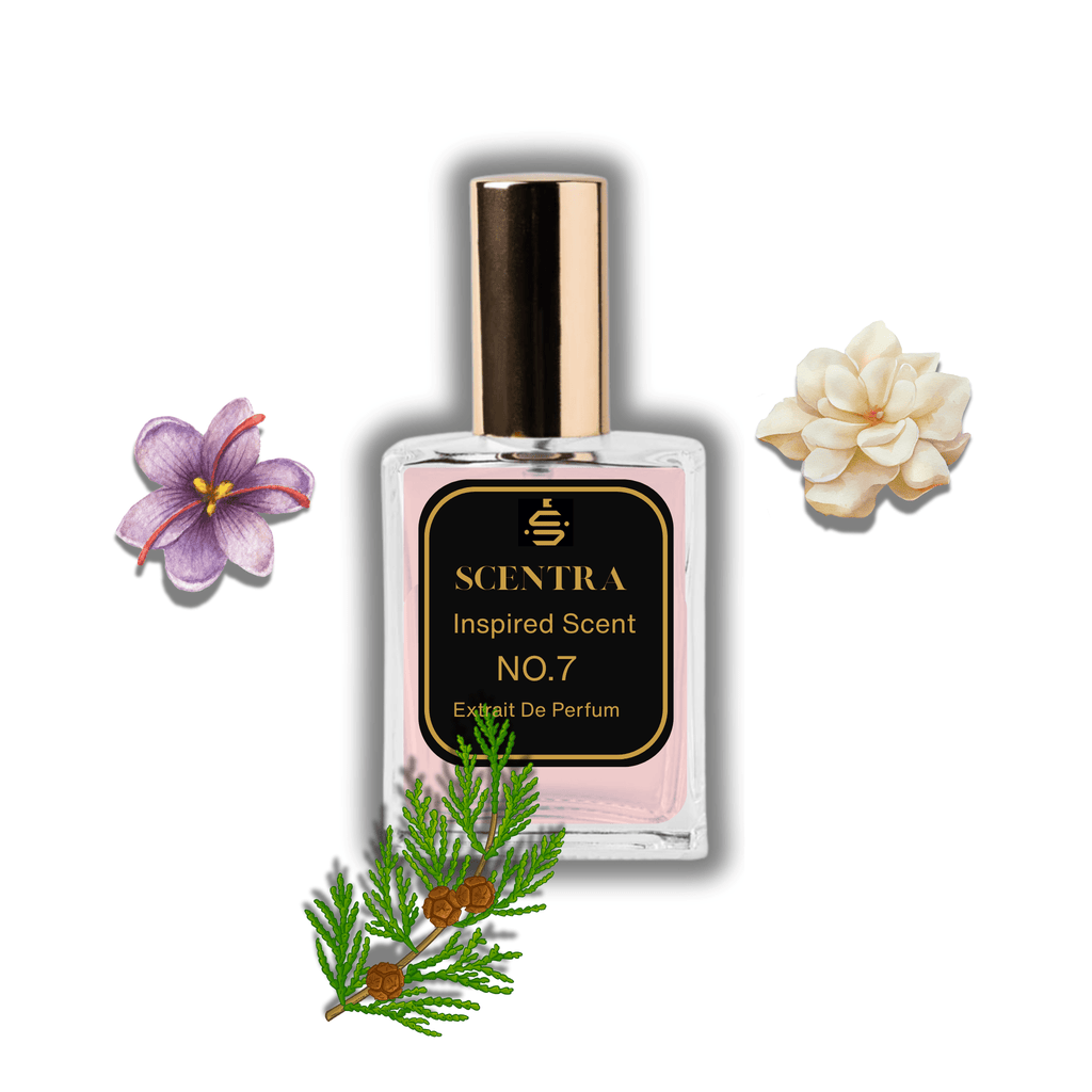 Scentra No.7 perfume inspired by Baccarat Rouge 540 surrounded by illustrated scent notes of purple saffron flowers, white jasmine, and a green cedar branch.