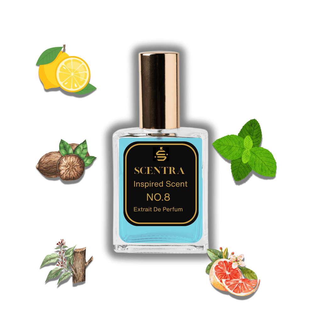 Scentra No.8 perfume inspired by Chanel Bleu de Chanel surrounded by illustrated scent notes of a yellow lemon, fresh mint leaves, and sliced grapefruit.