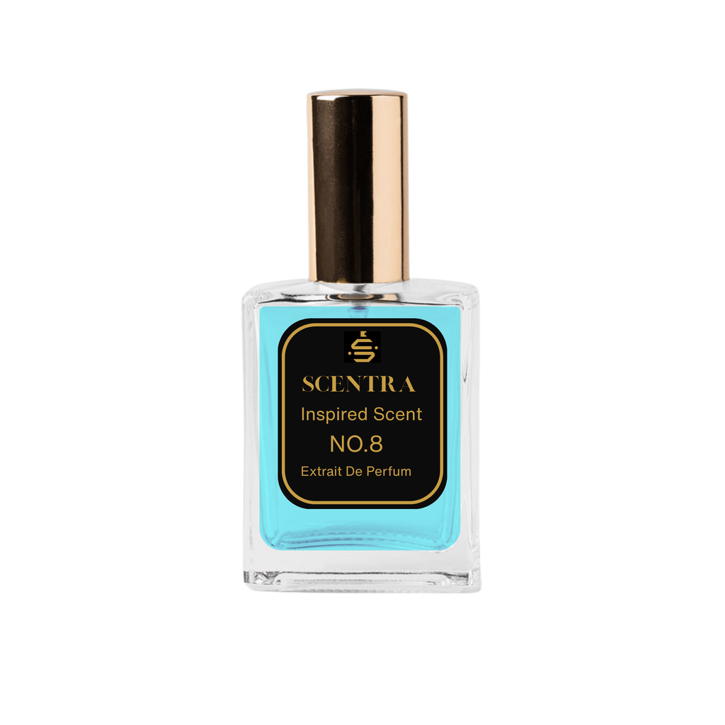 Scentra No.8 Woody Aromatic Extrait de Parfum glass bottle with gold cap filled with bright blue fragrance oil.