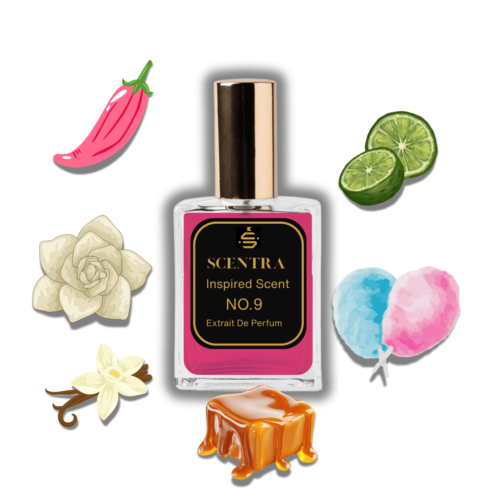 Scentra No.9 perfume inspired by Carolina Herrera 212 Sexy surrounded by illustrated scent notes of pink cotton candy, melting caramel, and fresh bergamot slices.