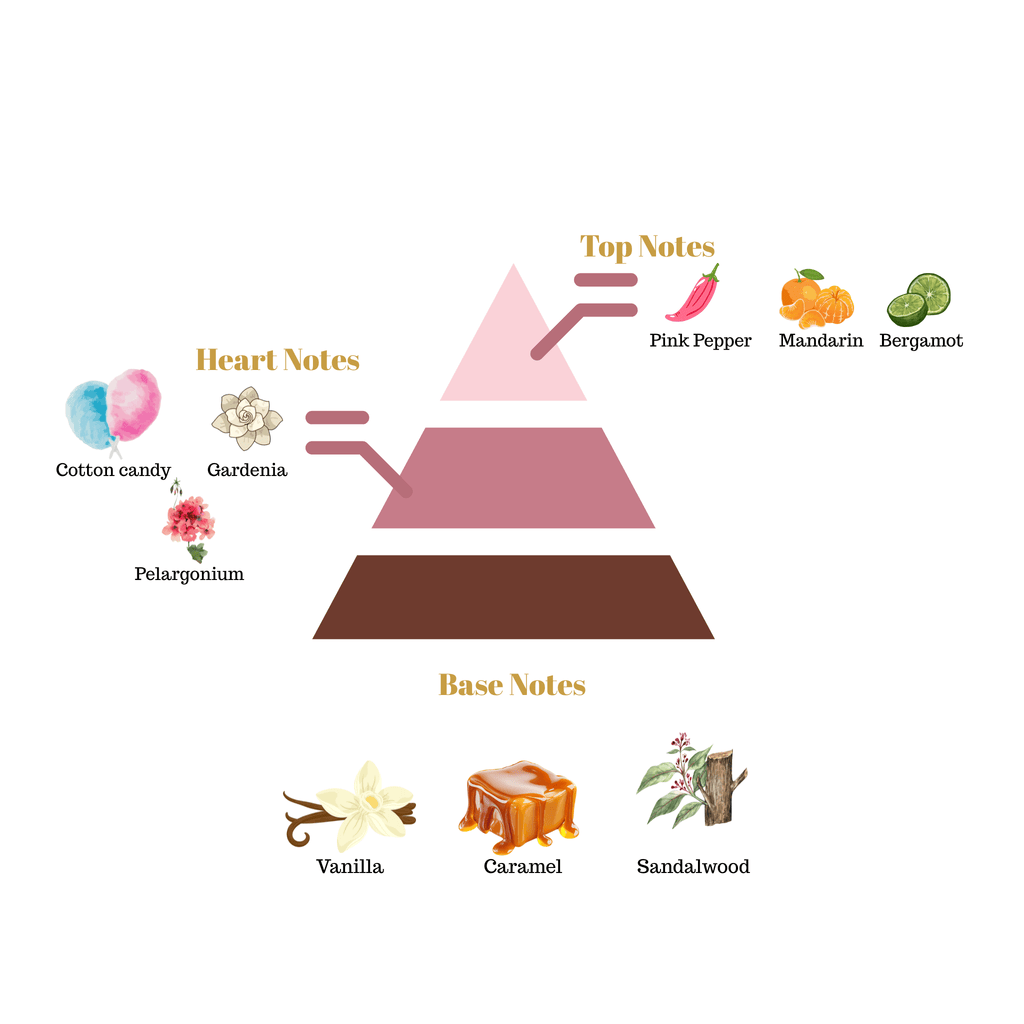Fragrance pyramid chart for Scentra No.9 showing a pink pepper and bergamot top, a cotton candy gardenia heart, and a caramel vanilla base.