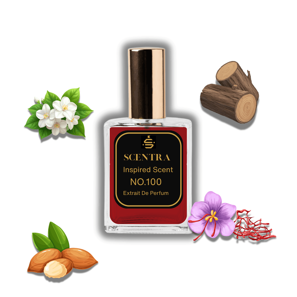 Scentra No.100 perfume bottle inspired by Maison Francis Kurkdjian Baccarat Rouge 540 Extrait de Parfum surrounded by saffron, jasmine, wood, and almond