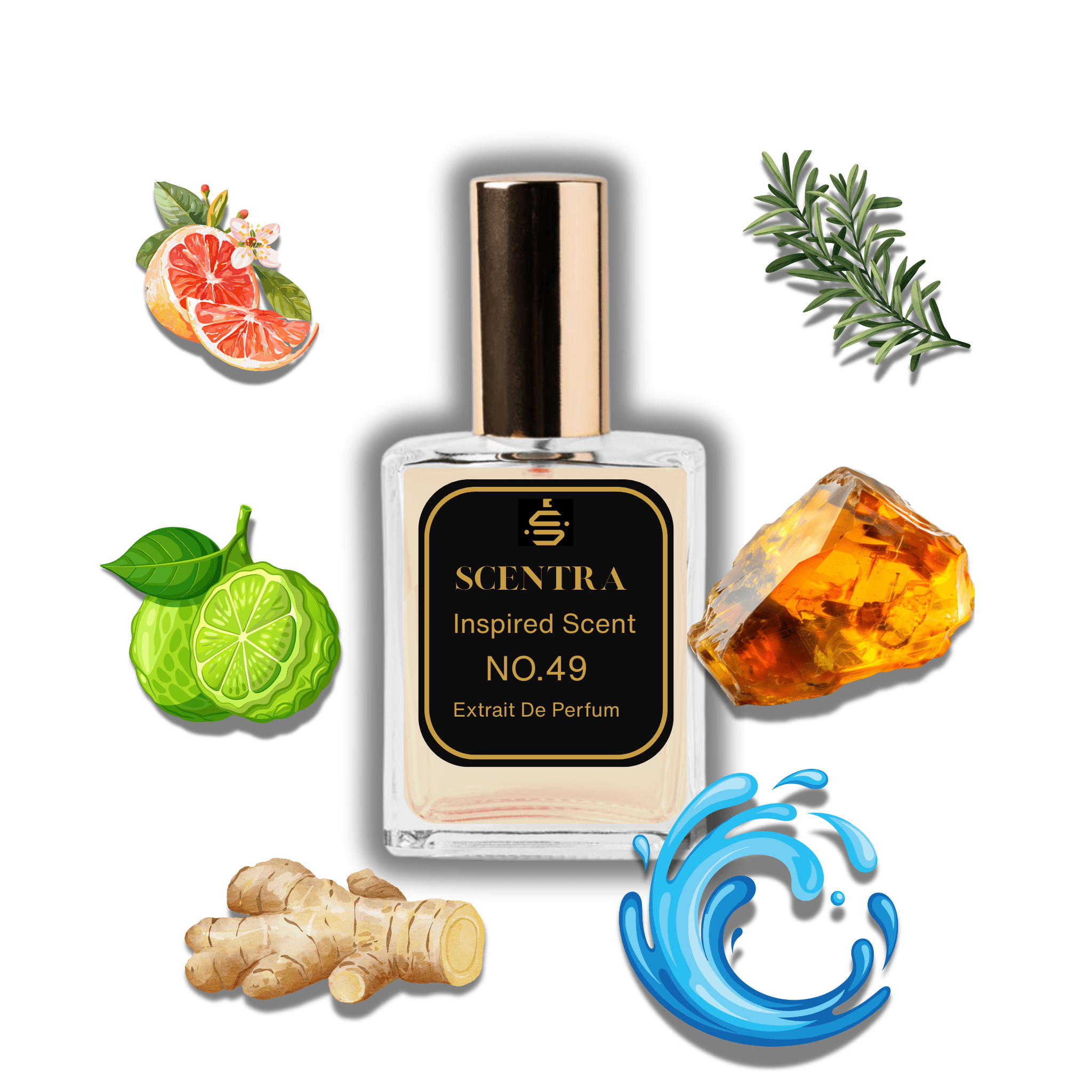 Scentra No.49 perfume bottle inspired by Louis Vuitton L'Immensité surrounded by grapefruit, ginger, and water splash