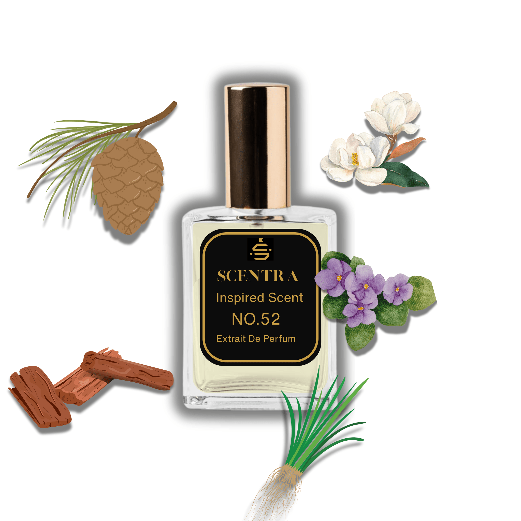 Scentra No.52 perfume bottle inspired by Byredo Mojave Ghost surrounded by violet, magnolia, sandalwood, and pine cone
