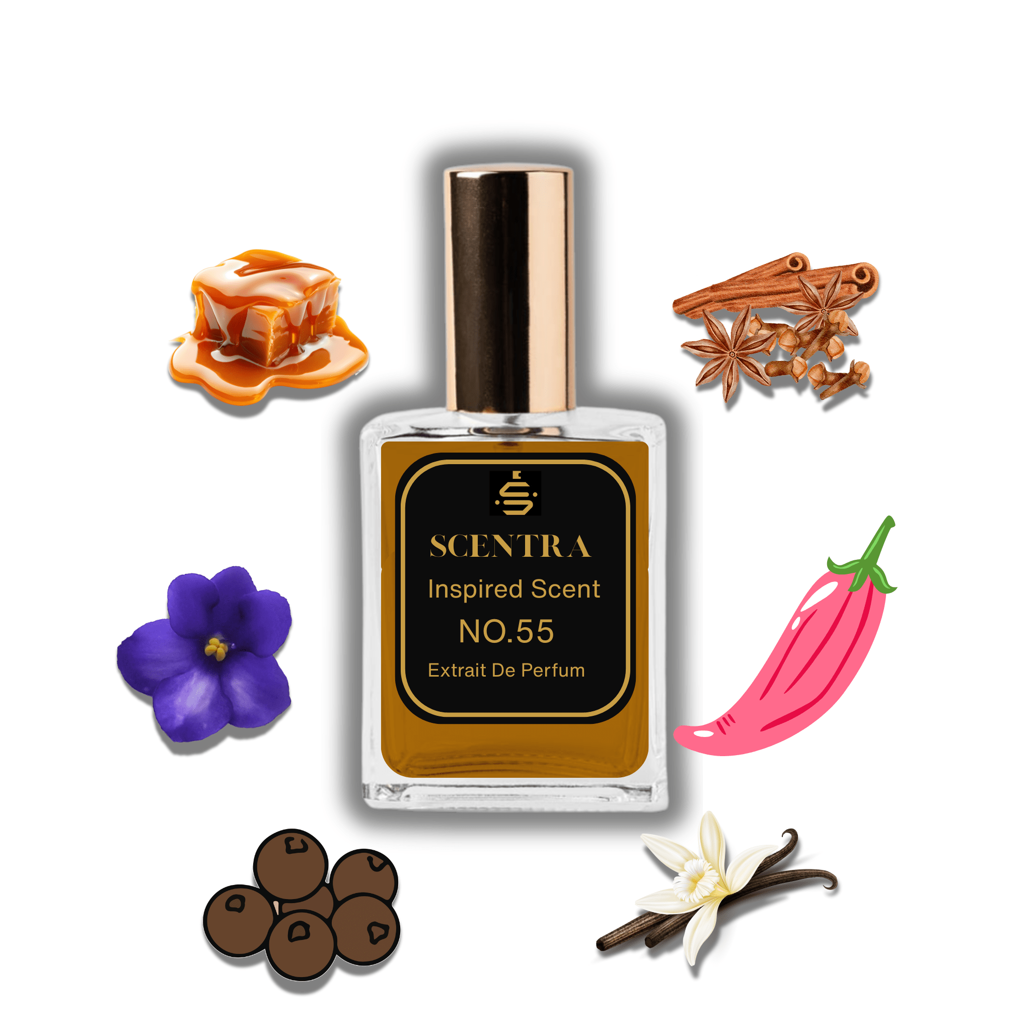 Scentra No.55 perfume bottle inspired by Armani Stronger With You Intensely surrounded by caramel, cinnamon, violet, vanilla, and pink pepper