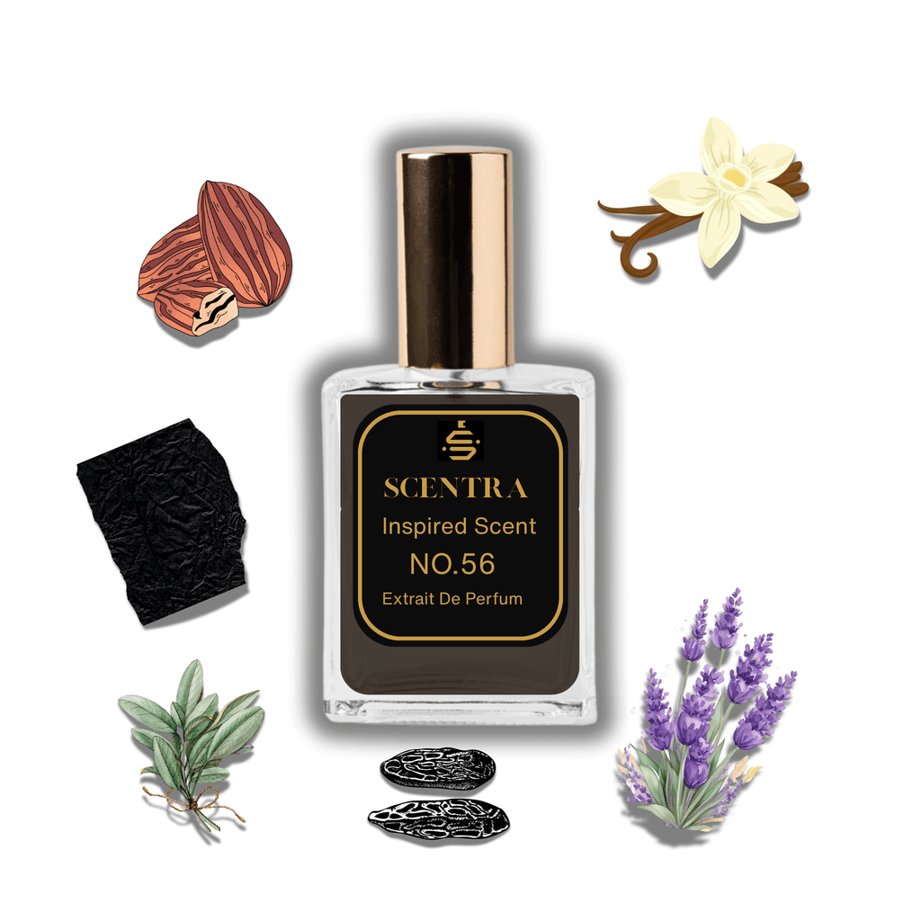 Scentra No.56 perfume bottle inspired by Tom Ford's leather Private Blend fragrance surrounded by almond, vanilla, leather, and lavender