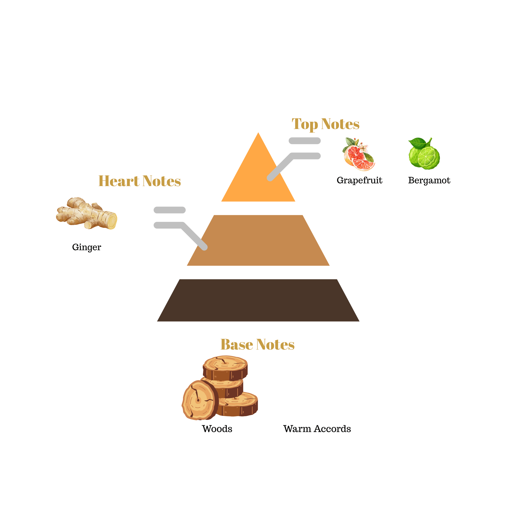 Fragrance note pyramid for Scentra No.57, inspired by Louis Vuitton Symphony, showing top, heart, and base notes