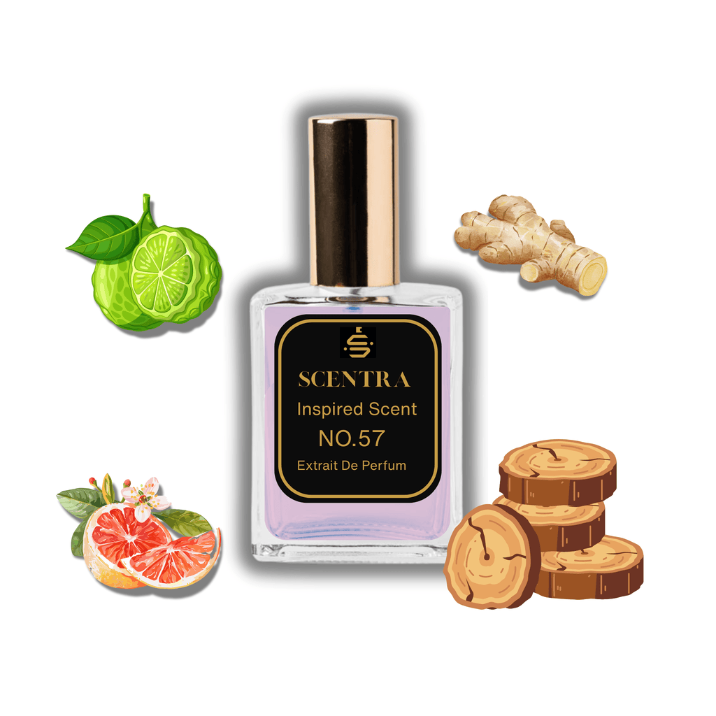 Scentra No.57 perfume bottle inspired by Louis Vuitton Symphony surrounded by grapefruit, lime, and ginger