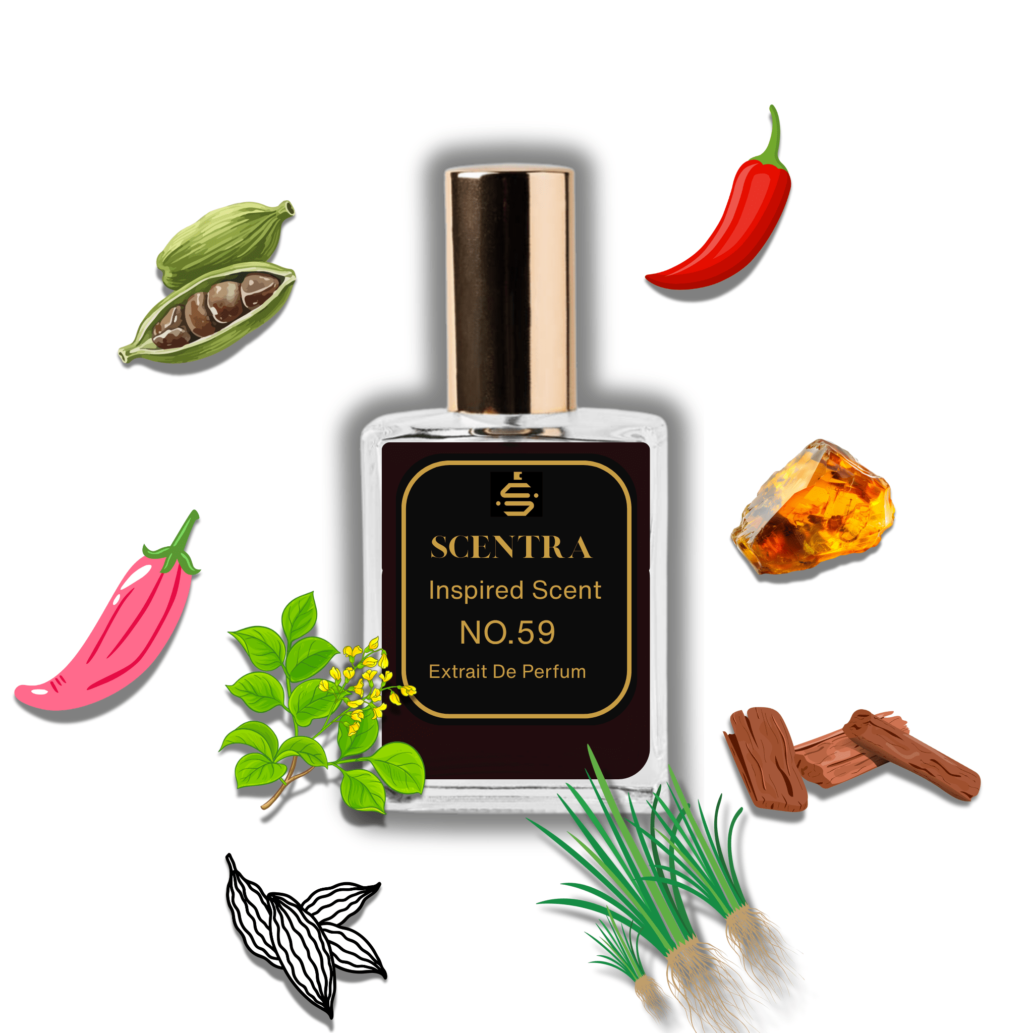Scentra No.59 perfume bottle inspired by Tom Ford Oud Wood surrounded by cardamom, chili pepper, amber, and cedar