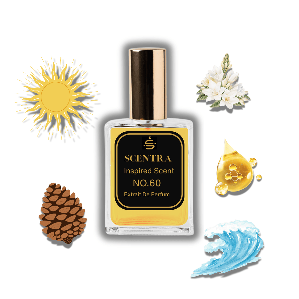 Scentra No.60 perfume bottle inspired by Paco Rabanne 1 Million (New) surrounded by sun, monoi oil, pine cone, and ocean wave