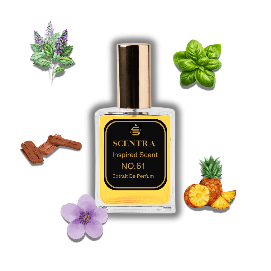 Scentra No.61 perfume bottle inspired by Bond No. 9 Riverside Drive surrounded by basil, sandalwood, violet, and pineapple