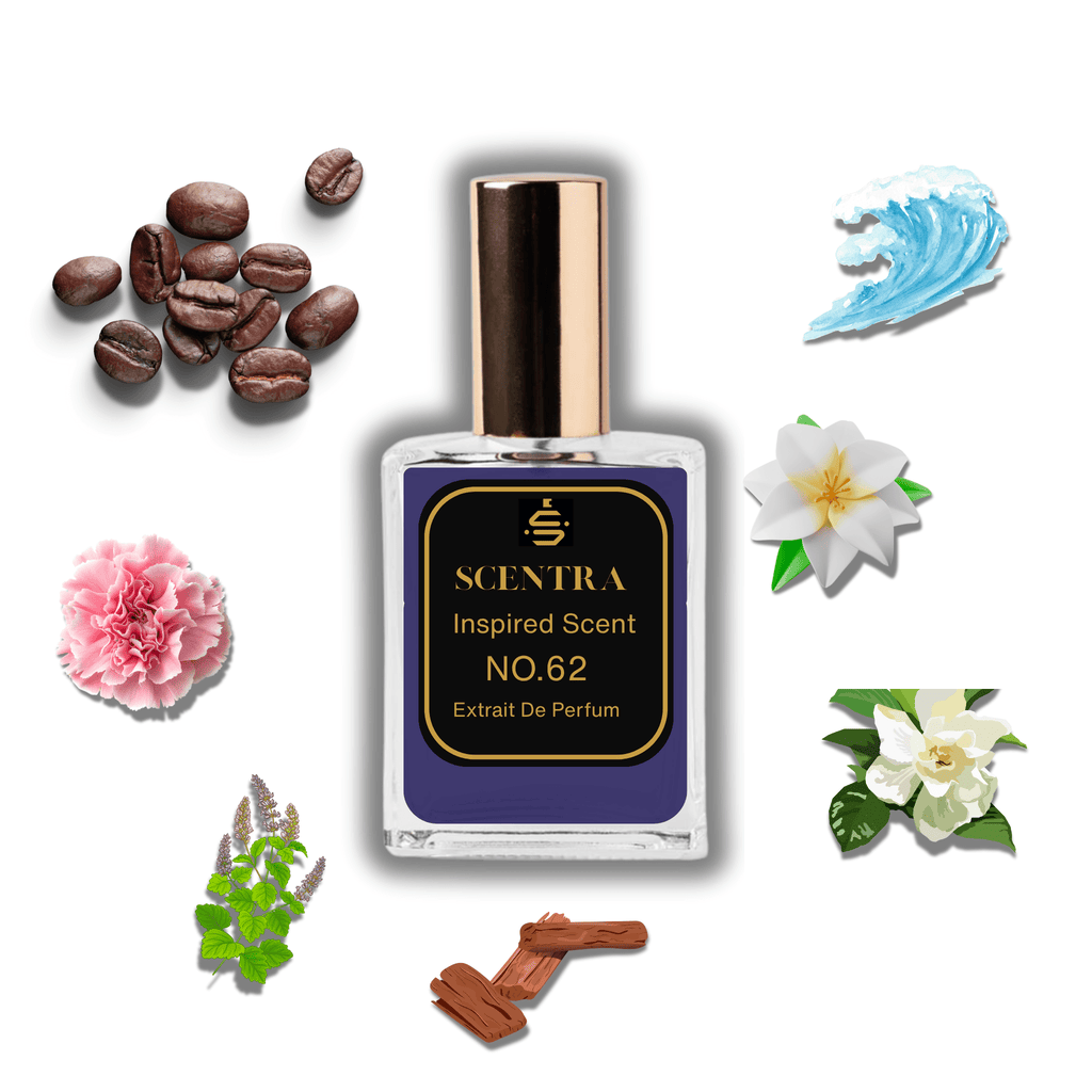 Scentra No.62 perfume bottle inspired by Bond No. 9 New York Nights surrounded by coffee beans, gardenia, carnation, and sandalwood