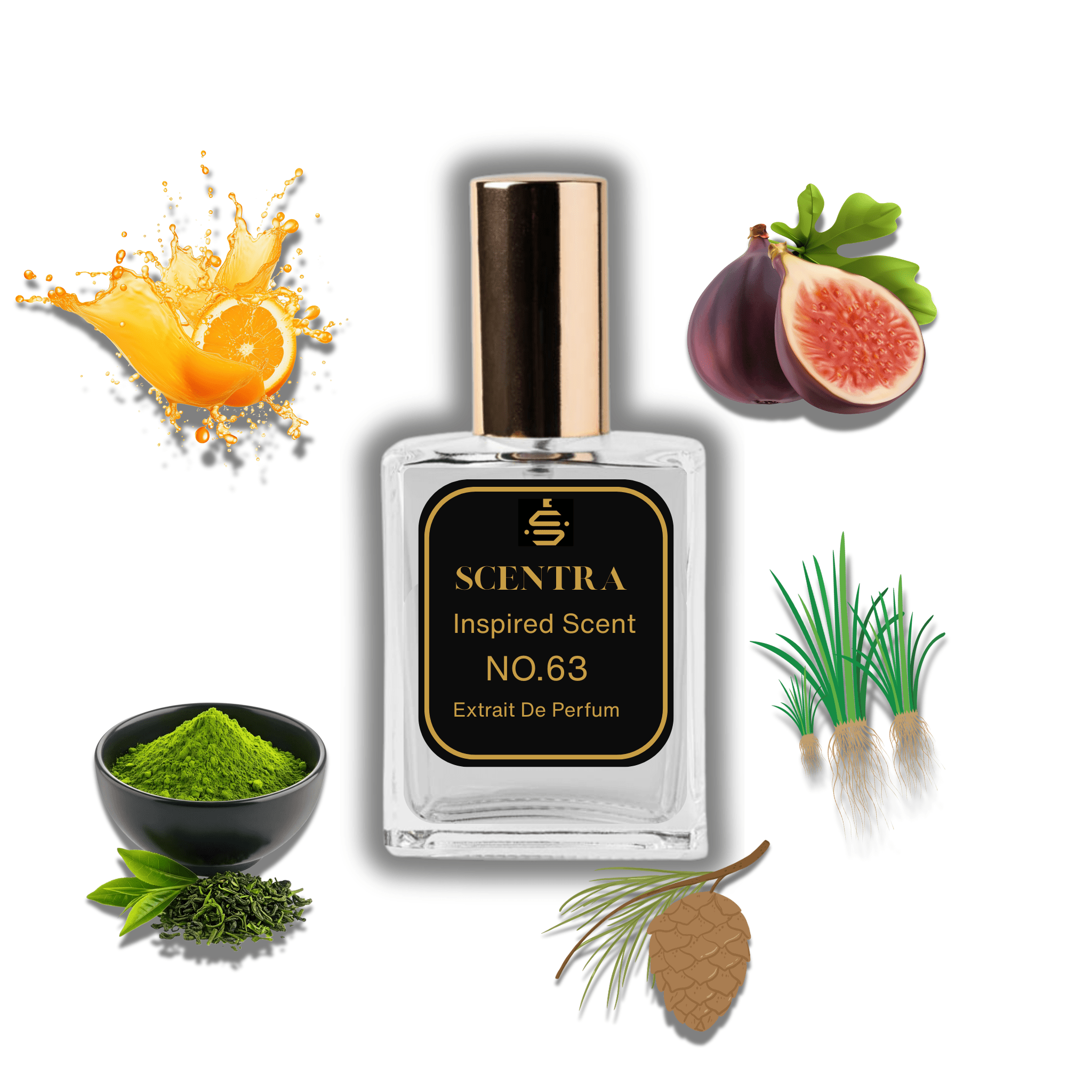 Scentra No.63 perfume bottle inspired by Le Labo Matcha 26 surrounded by orange, fig, matcha powder, and vetiver