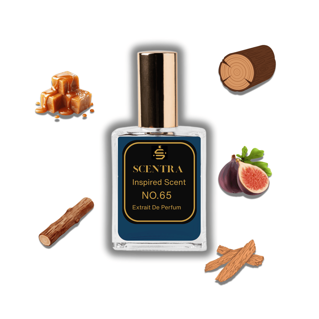 Scentra No.65 perfume bottle inspired by Dolce & Gabbana K surrounded by caramel, fig, and sandalwood