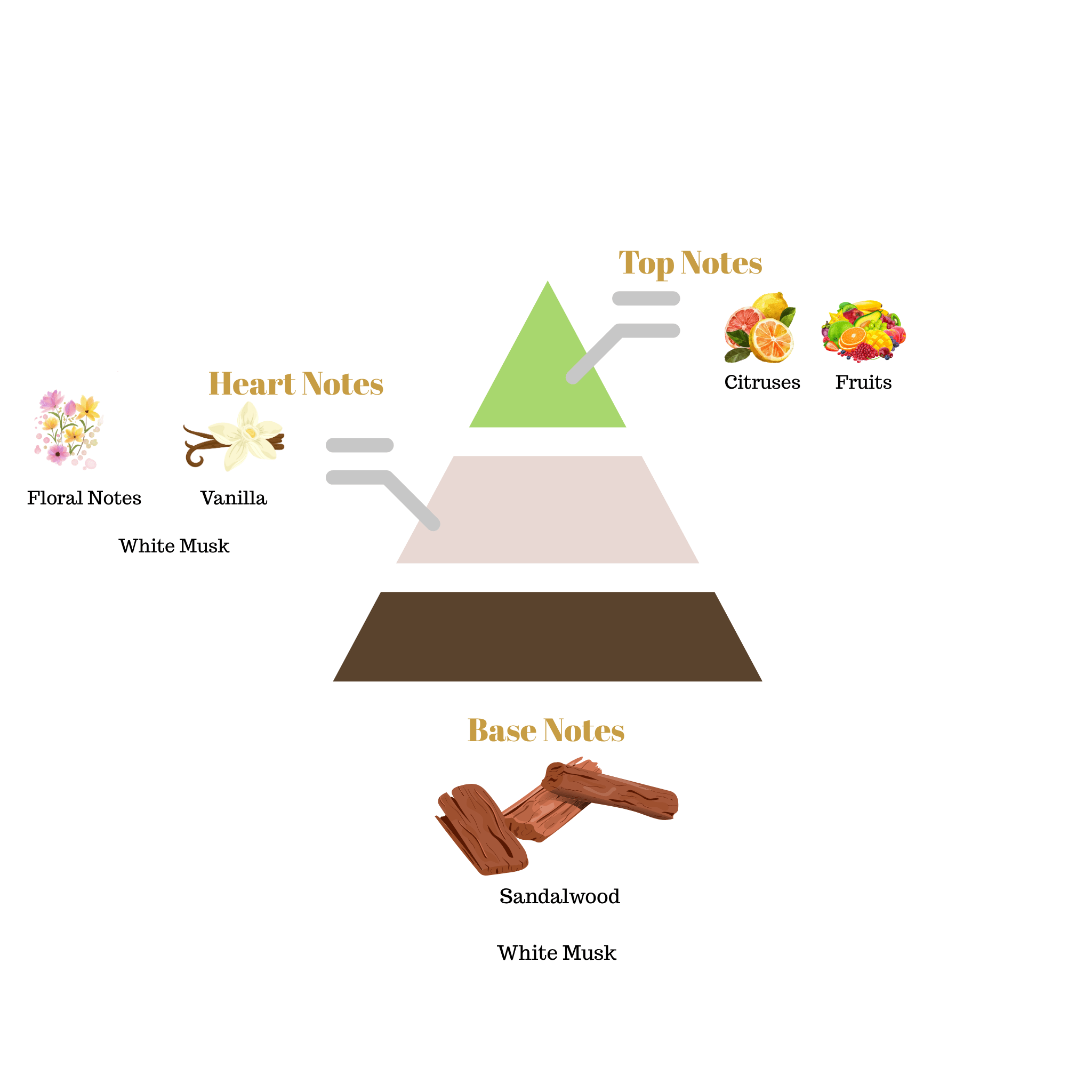 Fragrance note pyramid for Scentra No.68, inspired by Lattafa Musk Mood, showing top, heart, and base notes