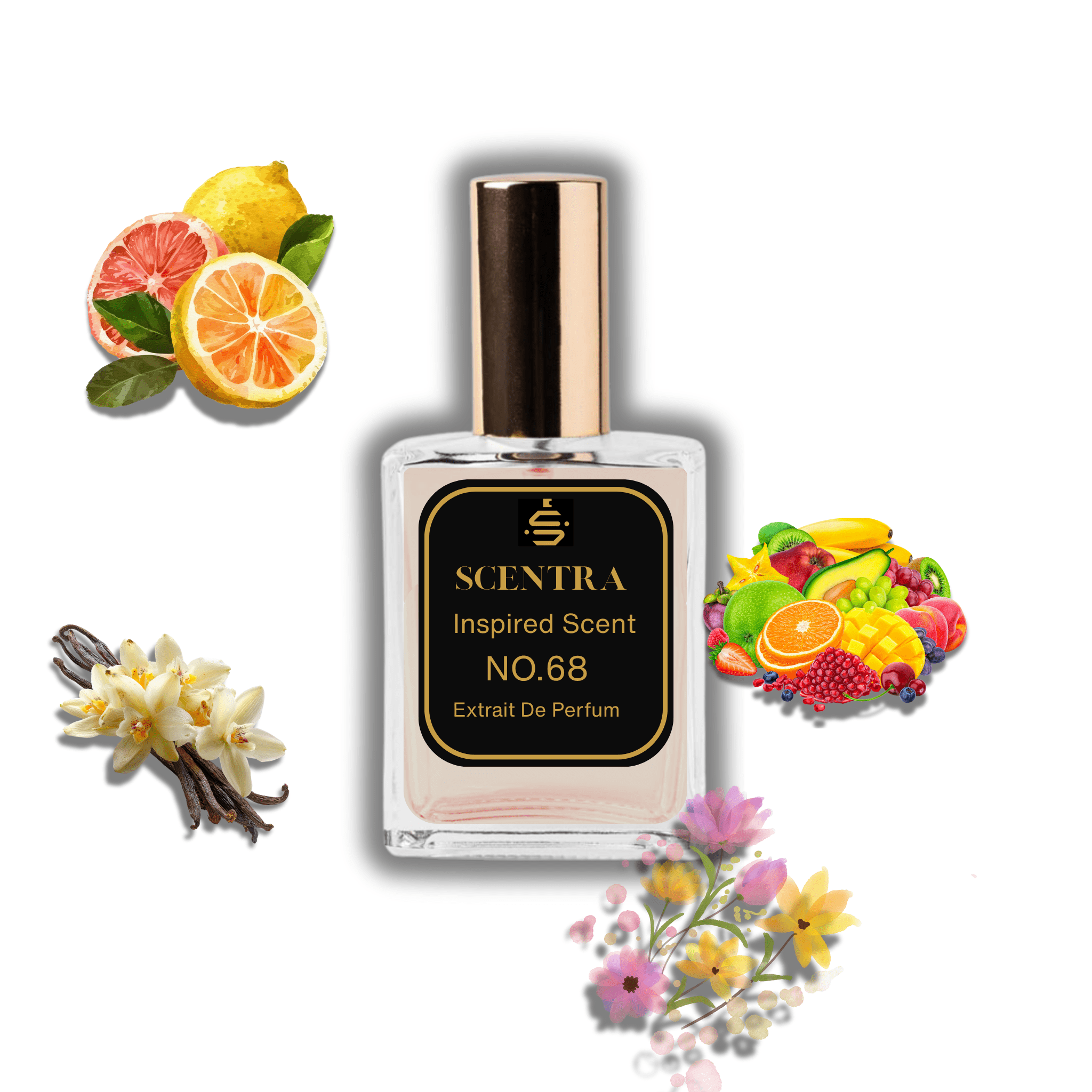 Scentra No.68 perfume bottle inspired by Lattafa Musk Mood surrounded by citrus, mixed fruits, vanilla, and florals