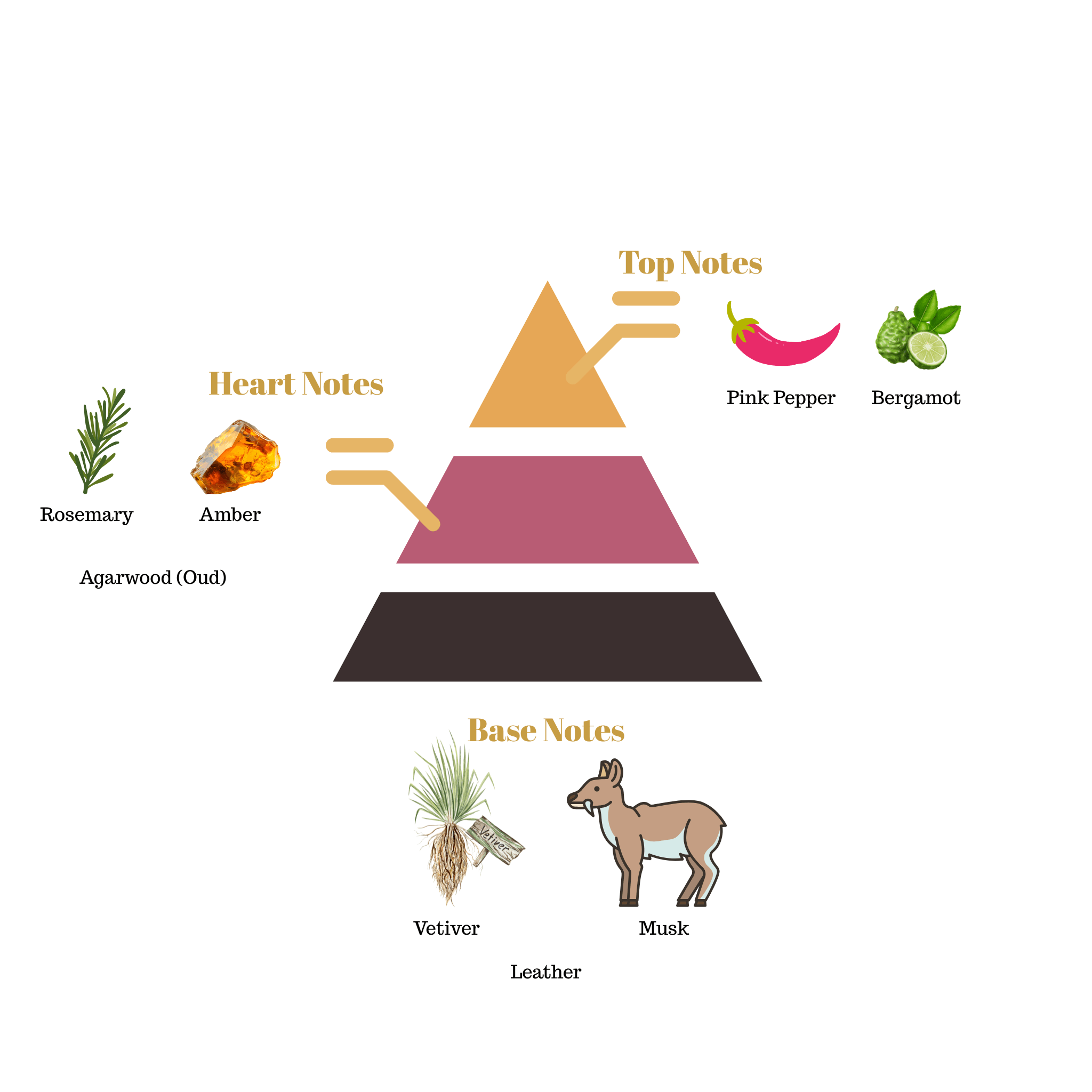 Fragrance note pyramid for Scentra No.69, inspired by Gissah Imperial Valley, showing top, heart, and base notes