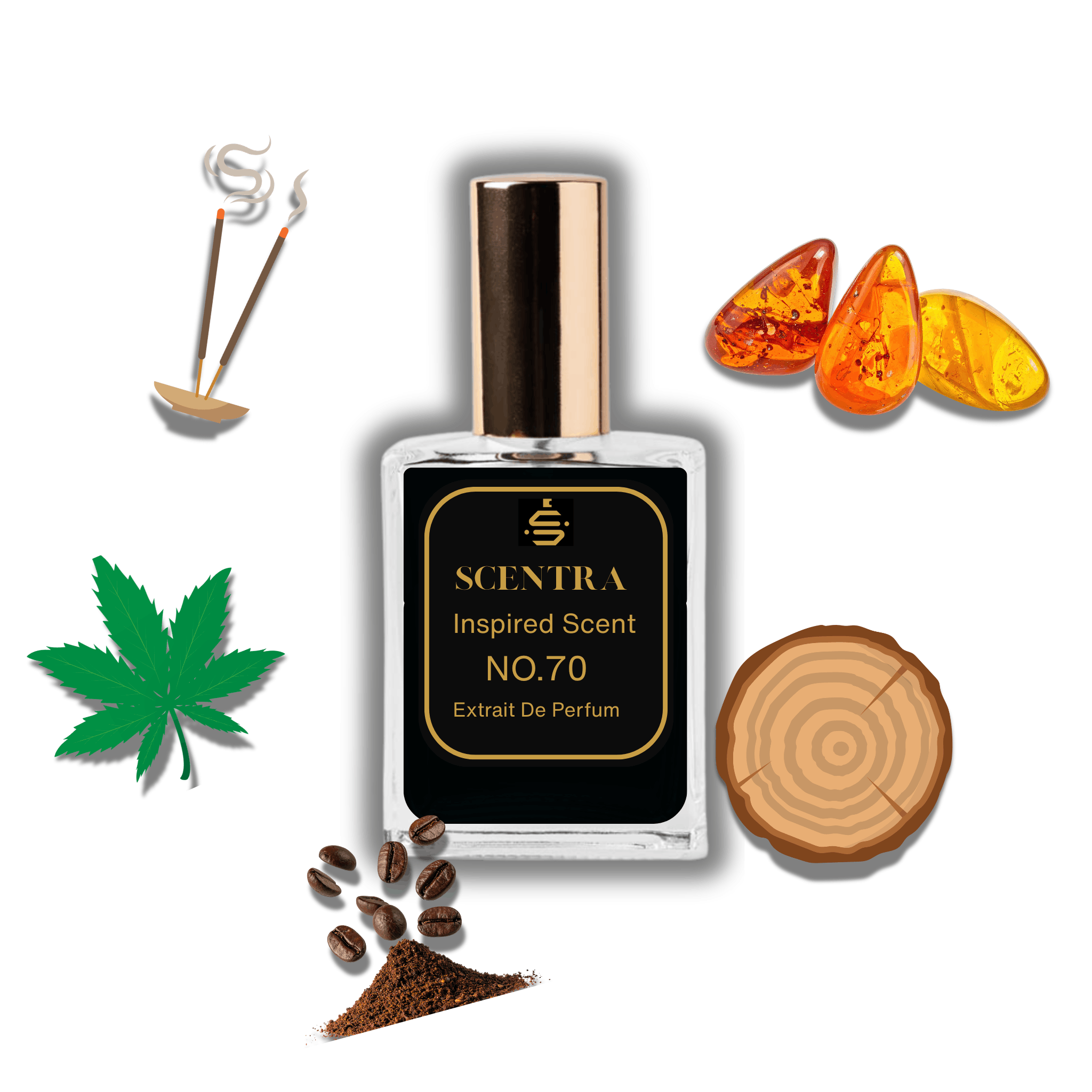 Scentra No.70 perfume bottle inspired by Nasomatto Black Afgano surrounded by incense, resins, cannabis leaf, wood, and coffee