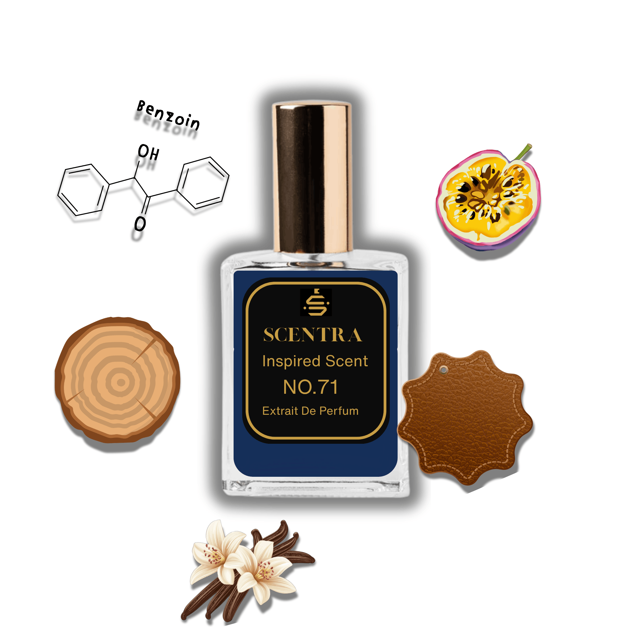 Scentra No.71 perfume bottle inspired by Maison Crivelli Oud Maracujá surrounded by passionfruit, vanilla, wood, and leather