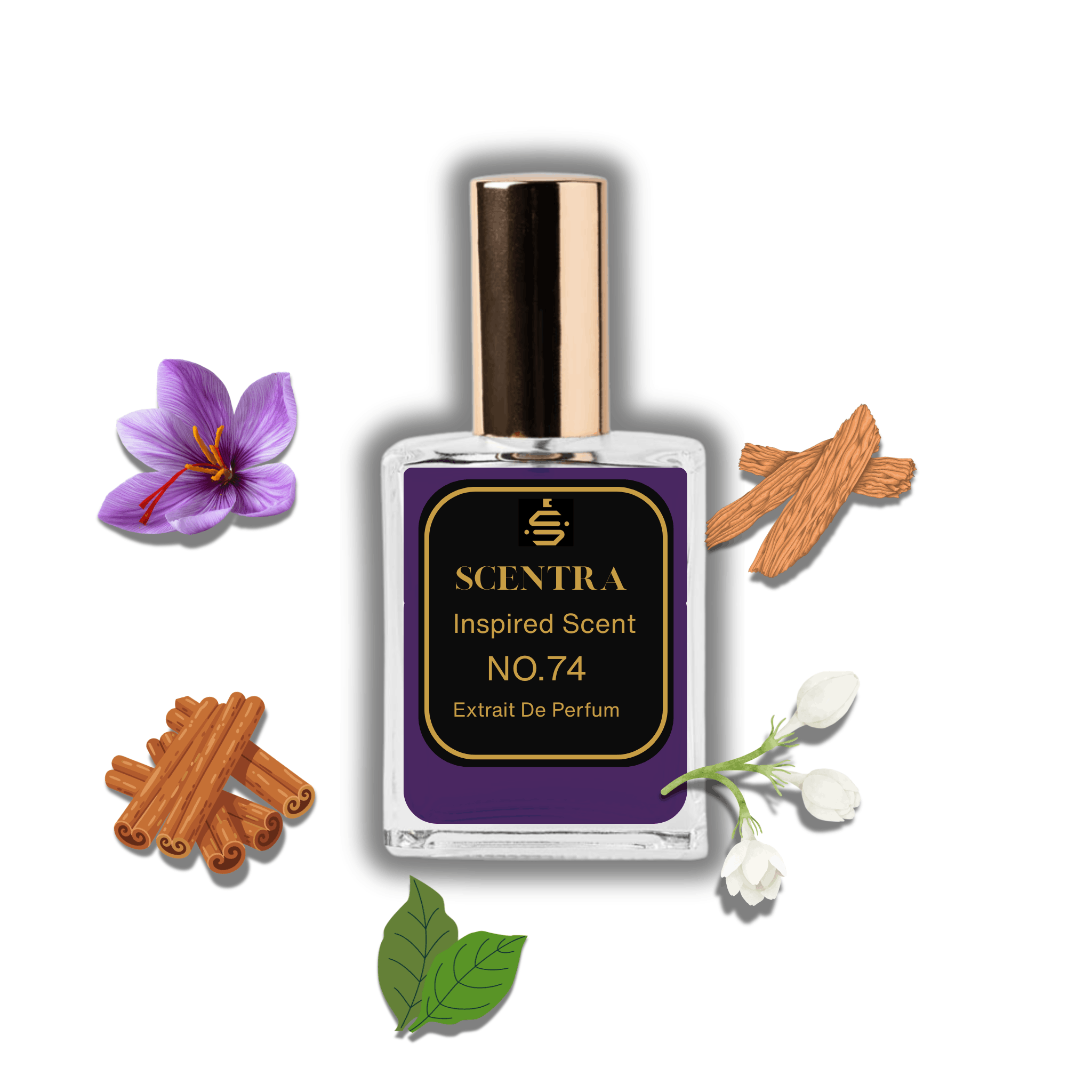 Scentra No.74 perfume bottle inspired by Initio Parfums Privés Side Effect surrounded by saffron, cinnamon, and hedione